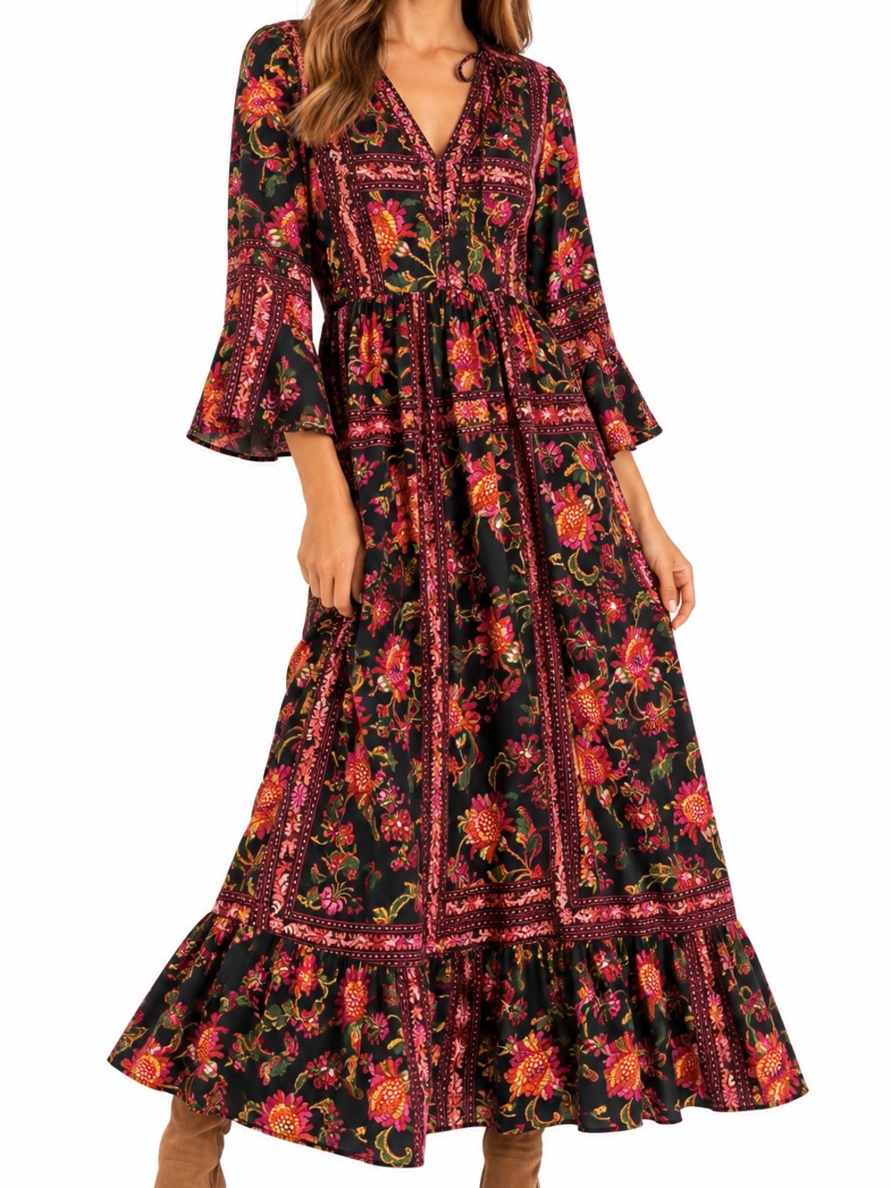 AVARA Black Floral Boho Maxi Dress – Size Medium